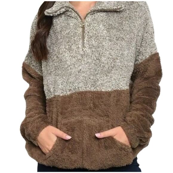 Brown/Off White Soft Fleece Quarter-Zip Pullover | NWT Size S - Picture 6 of 7
